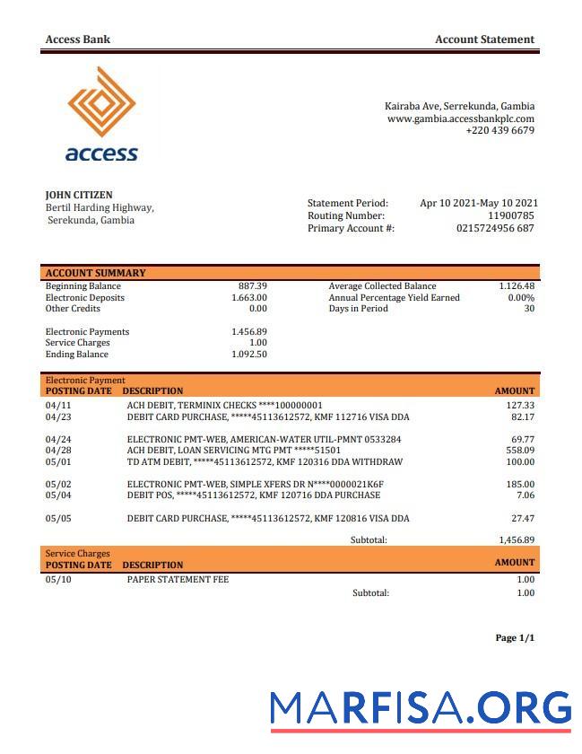 Downloadable Gambia Access Bank statement download for verification
